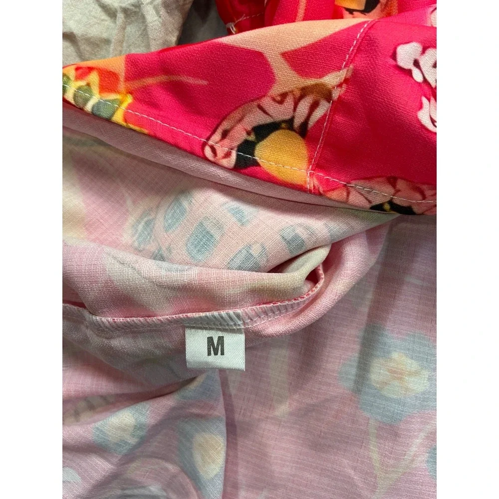 Pink Tropical Floral Top &‎ Beige Button Detail Pants Lounge Set Womens Medium